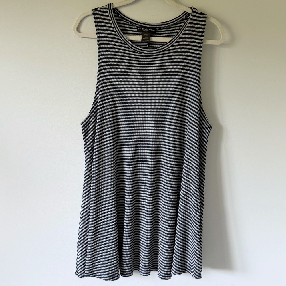 See You Monday Striped Sleeveless Rayon Tunic Top Navy Grey Medium 90s Indie